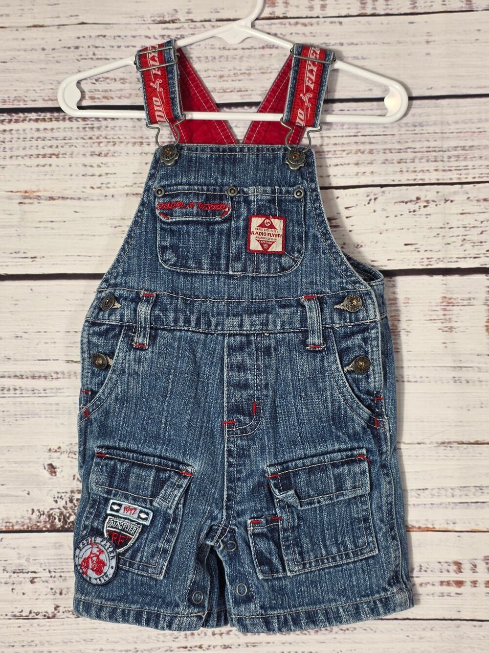 Radio Flyer Baby Denim Short Overalls 18M Red Stitch Wagon Embroidered Button